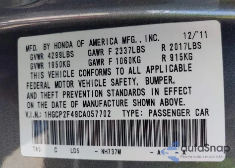 2012 Honda Accord 2.4 Lx-P z USA, uszkodzony, nr VIN 1HGCP2F49CA057702